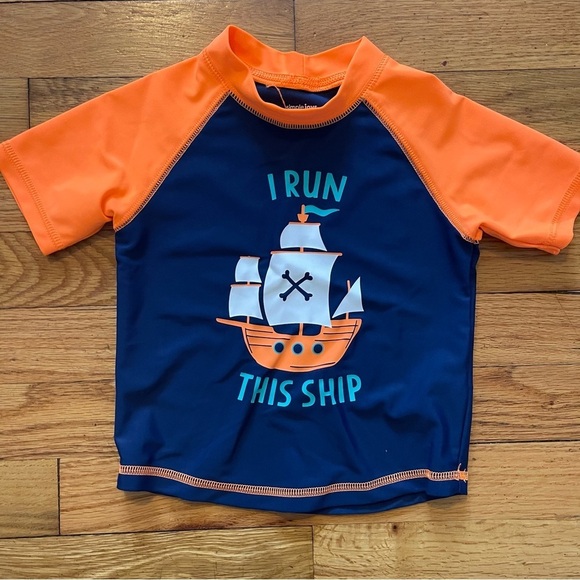 Carter’s: Simple Joys |Swimsuit Trunk and Rashguard Set Navy Orange Ships | 24mo - Picture 2 of 7